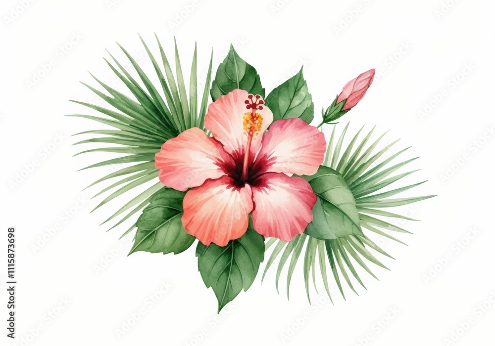 Obraz premium Watercolor Hibiscus Flower with Palm Leaves