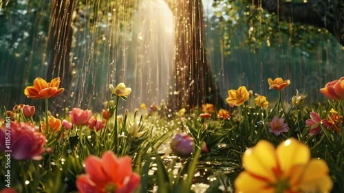 Spring Flowers in the Rain: Delicate Blooming Scene with April Showers and May Flowers in a Refreshing Natural Setting