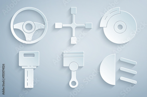 Set Engine piston, Car brake disk with caliper, key remote, High beam, Wheel wrench and Steering wheel icon. Vector