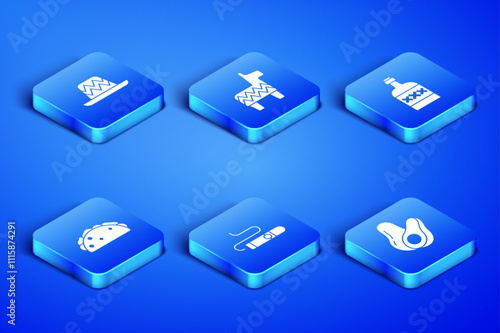 Set Avocado fruit, Mexican sombrero, Cigar, Taco with tortilla, Pinata and Tequila bottle icon. Vector