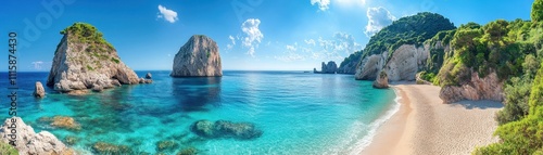 Stunning Panoramic View of Pristine Beach with Turquoise Waters and Lush Green Cliffs Under a Clear Blue Sky