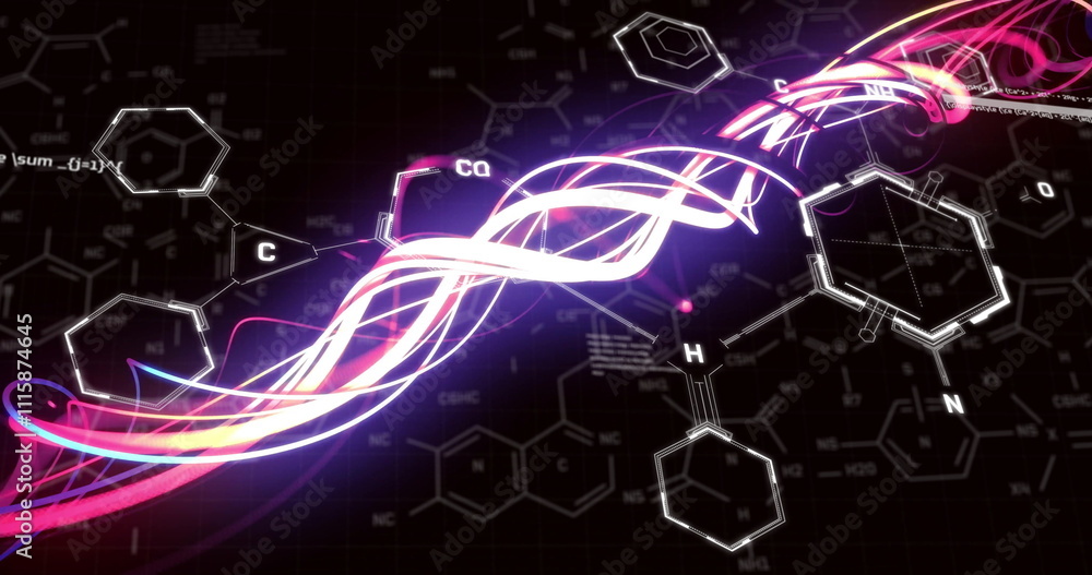 Image of scientific data processing and light trails over dark background Image of scientific data processing and light trails over dark background