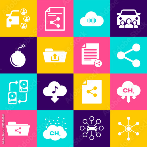 Set Network, Methane emissions reduction, Share, Music streaming service, Folder upload and Bomb ready to explode icon. Vector