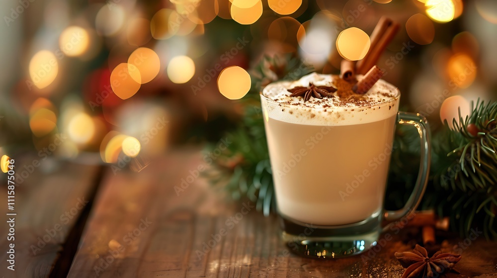 A classic holiday beverage with cinnamon and powdered nutmeg and the lights of christmas in the distance A classic holiday beverage with cinnamon and powdered nutmeg and the lights of christmas in the distance