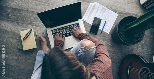 Young woman working on laptop at home. Female hands typing on pc keyboard. Teennager making an Internet video call with remote friends. Girl studying online. Technology, youth, teen, new life  concept photo