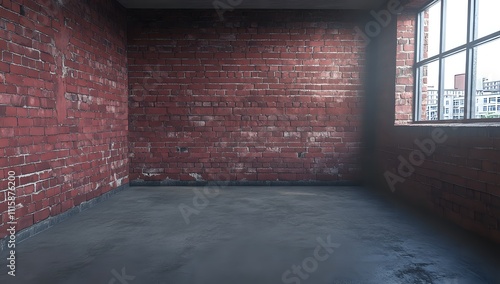 Empty industrial room with brick walls and window.