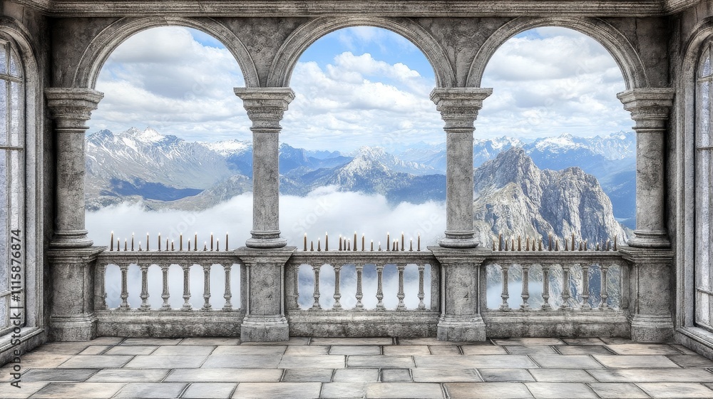 Fototapeta premium Majestic Alpine Landscape Framed by Ornate Stone Arches