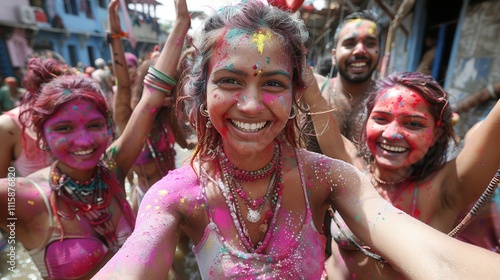 Joyful celebration of colors and friendship during the vibrant festival of Holi in a lively street. Generative AI photo