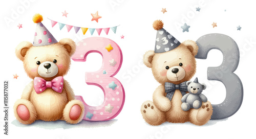 A cute first Birthday teddy bear wearing a party hat with number 3. Adorable innocence animal watercolor illustration for boy and girl.