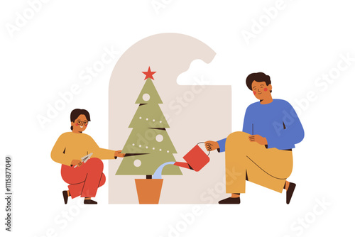 Father and son watering decorated xmas tree in the pot. Man and child boy plant young fir for winter holidays. Reuse and growth houseplant at home conservation concept. Vector illustration
