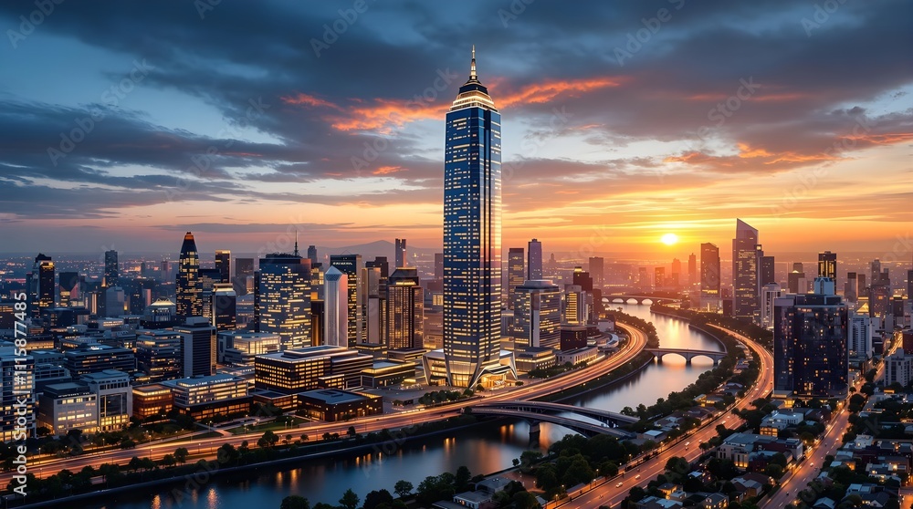 Obraz premium Illuminated City Skyline at Dusk