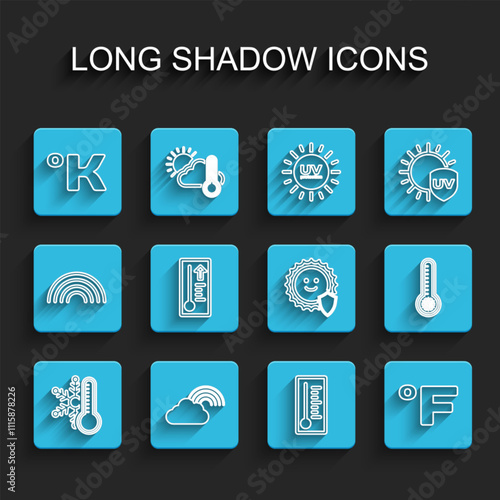 Set line Thermometer with snowflake, Rainbow cloud, Kelvin, Meteorology thermometer, Fahrenheit, and UV protection icon. Vector