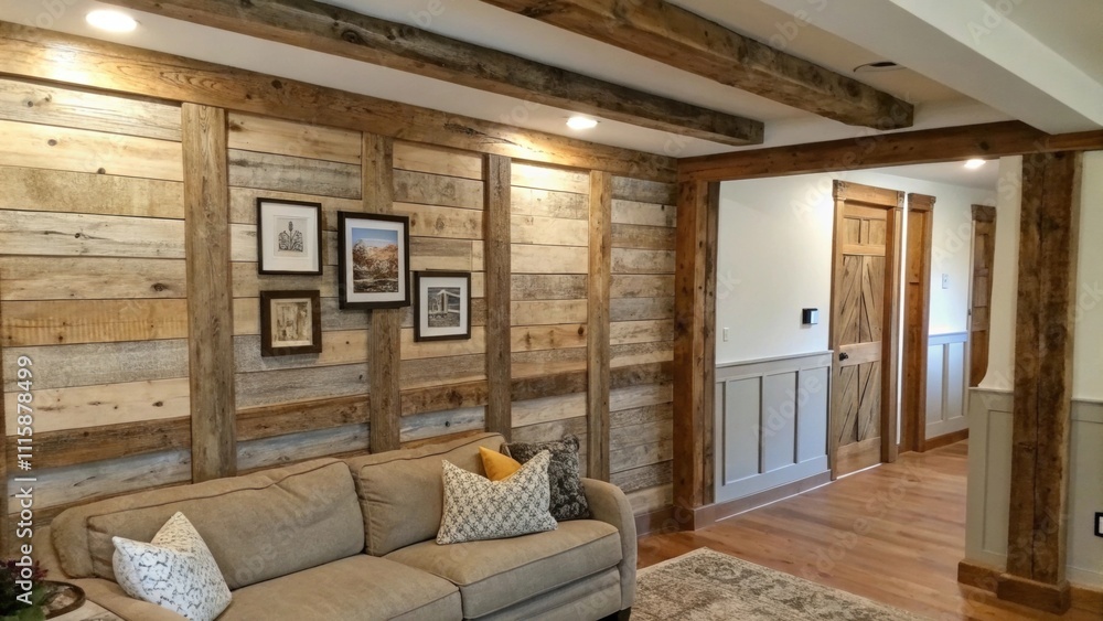 Fototapeta premium A rustic wall featuring reclaimed wood framed moldings matching the exposed beams above providing a charming farmhouse vibe.