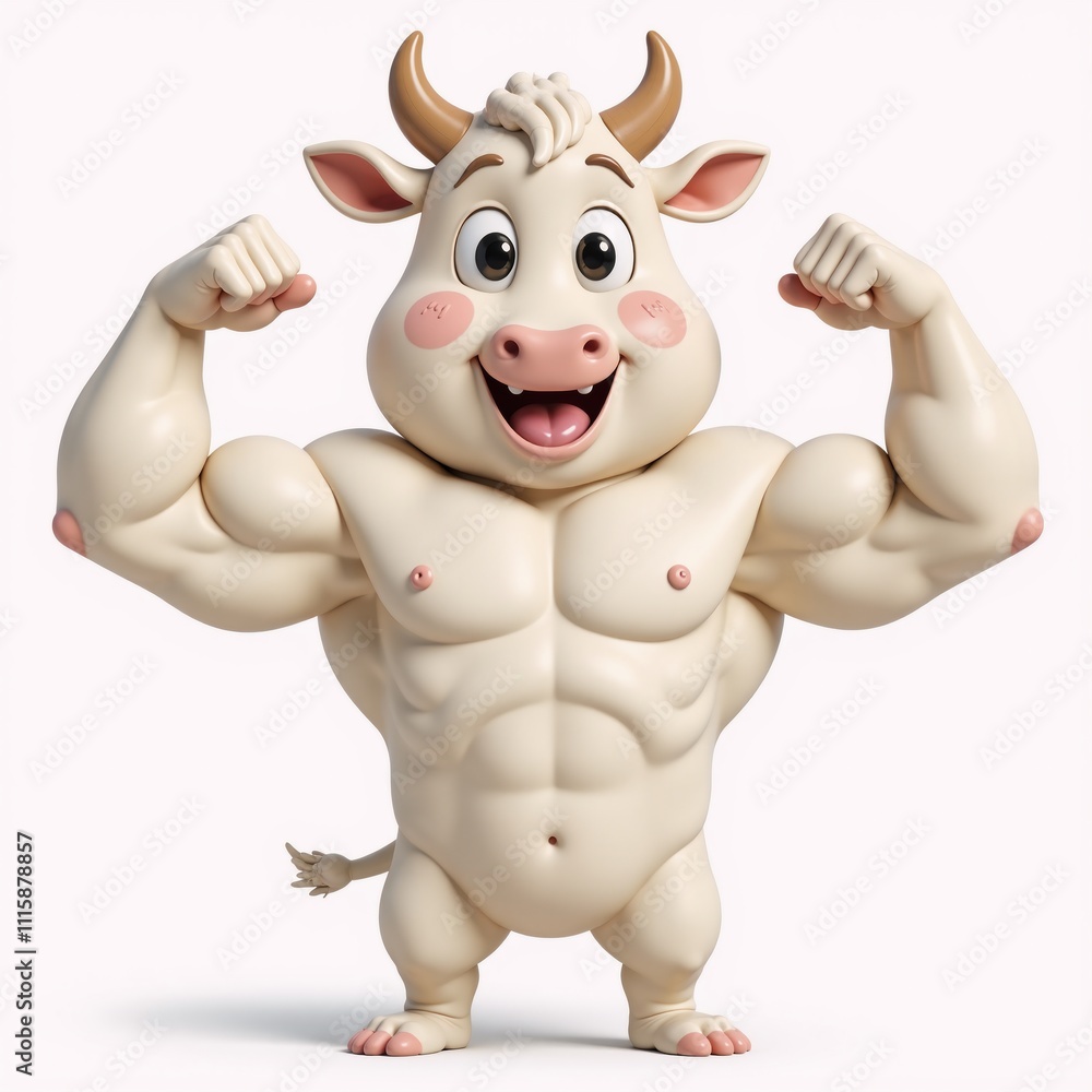 Fototapeta premium A cartoon character featuring cute milk food imagery accentuated by muscular arms