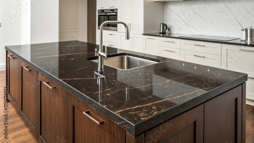 A rich dark granite countertop with subtle ing and a rectangular out patiently anticipating the placement of a contemporary undermount sink.