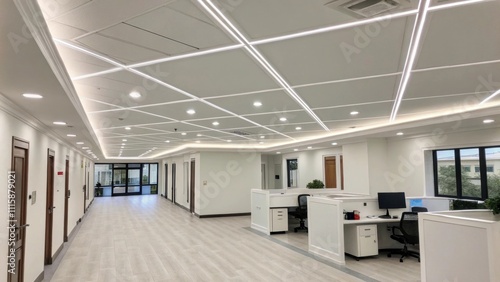 A renovated office space with a freshly painted ceiling in soft white showcasing sharp taped edges that define the transition to the walls with precision. photo