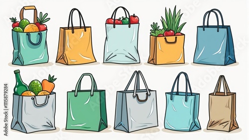 Eco-Friendly Shopping Bag Icon Set, Vector Illustrations of Grocery, Produce, Beach, and Reusable Bags photo