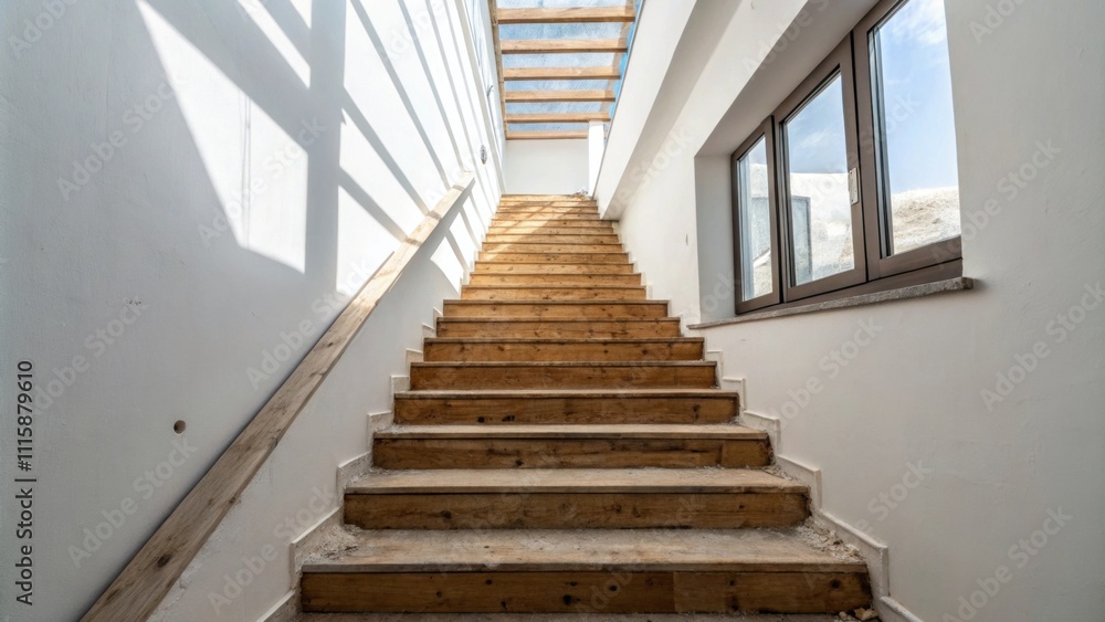 Fototapeta premium An upward angle of the staircase highlighting the juxtaposition of incomplete wooden treads and the bright white wall framing the scene evoking anticipation for final completion.