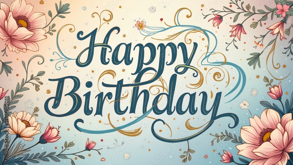 Obraz premium Whimsical Pastel Happy Birthday Illustration, Swirling Script, Floral Design, Gold Accents