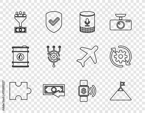 Set line Piece of puzzle, Mountains and flag, Voice assistant, Cash back, Lead management, Algorithm, Contactless payment and Gear arrows workflow icon. Vector