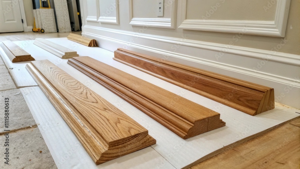 An inviting scene showing wooden baseboards in varying lengths resting on a pristine white surface ready for a fresh coat of paint. An inviting scene showing wooden baseboards in varying lengths resting on a pristine white surface ready for a fresh coat of paint.