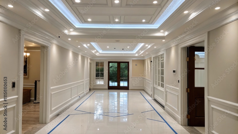 An inviting entryway with a newly painted ceiling the brilliant white reflecting artificial lighting and perfectly taped edges adding to the pristine look. An inviting entryway with a newly painted ceiling the brilliant white reflecting artificial lighting and perfectly taped edges adding to the pristine look.