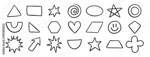 Basic geometric shapes doodle hand drawn icon set. Outline drawing for learning games math flat figure line clipart symbol 