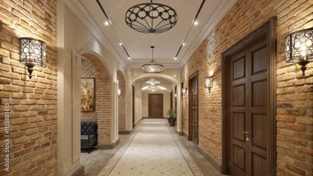 An elegant hallway with exposed brick on either side showcasing quirky light fixtures that add a touch of modernity to the rustic walls. An elegant hallway with exposed brick on either side showcasing quirky light fixtures that add a touch of modernity to the rustic walls.
