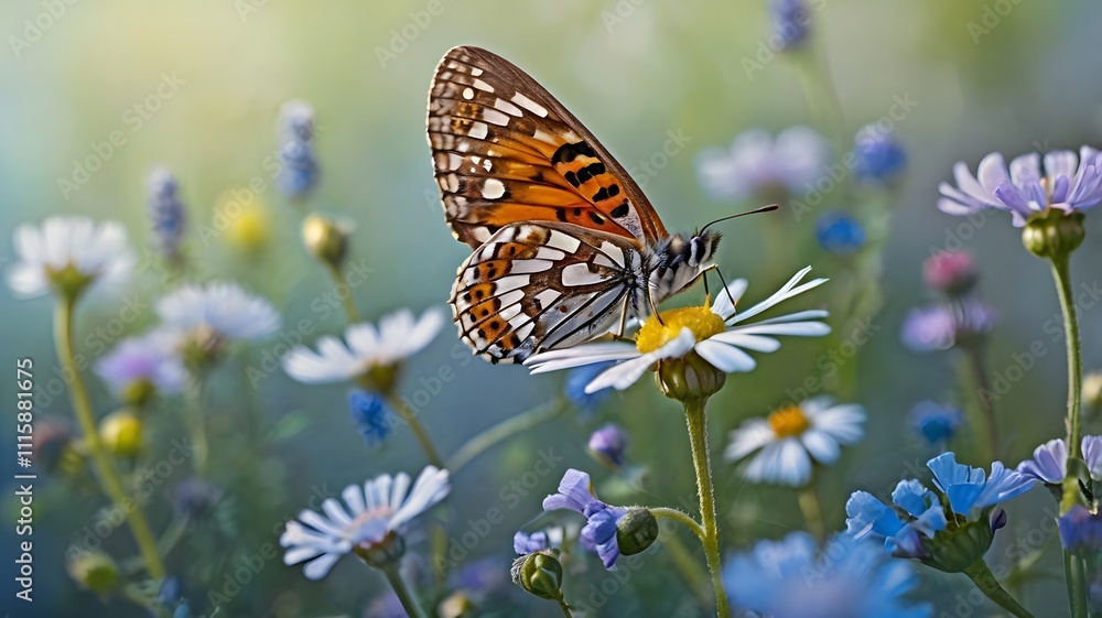 Obraz premium Beautiful wild flowers chamomile, purple wild peas, butterfly in morning haze in nature close-up macro. Landscape wide format, copy space, cool blue tones. Delightful pastoral airy artistic image.