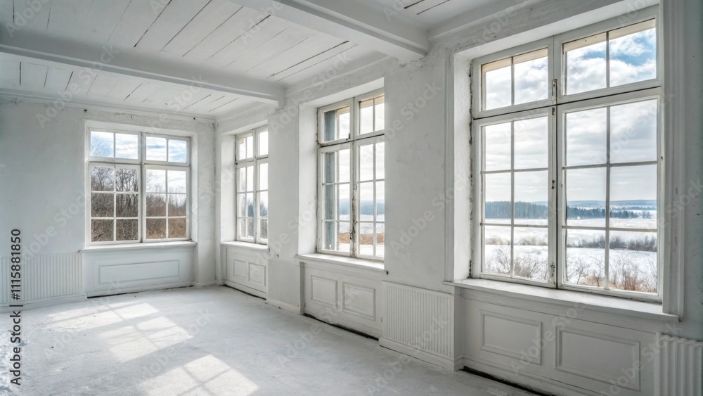 Fototapeta premium An austere room presenting freshly installed windows with wide sills the walls painted in a soft white hue creating an airy and open feel throughout the space.