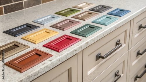 An assortment of recessed cabinet handles in vibrant hues laid out on a neutralcolored stone countertop creating an eyecatching color palette. photo