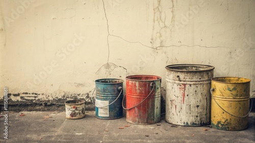 An assortment of empty paint cans some halffull with dried paint is positioned against a stark barren wall suggesting creative possibilities. photo