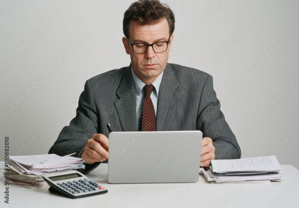 Professional businessman working diligently at a desk with a laptop, surrounded by paperwork and a calculator, representing modern corporate financial activities and analysis. Professional businessman working diligently at a desk with a laptop, surrounded by paperwork and a calculator, representing modern corporate financial activities and analysis.
