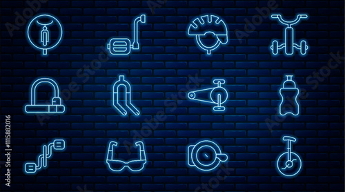 Set line Unicycle or one wheel bicycle, Sport bottle with water, Bicycle helmet, fork, lock, chain gear and pedal icon. Vector