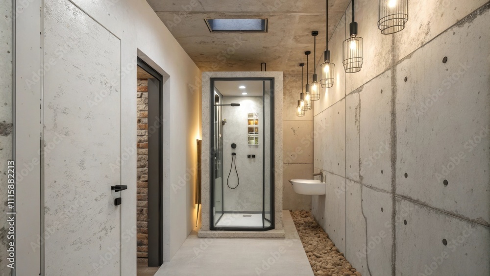 A narrow bathroom corridor showcasing an angular shower unit with wallmounted controls light fixtures hanging low and unpainted drywall revealing the rough edges. A narrow bathroom corridor showcasing an angular shower unit with wallmounted controls light fixtures hanging low and unpainted drywall revealing the rough edges.