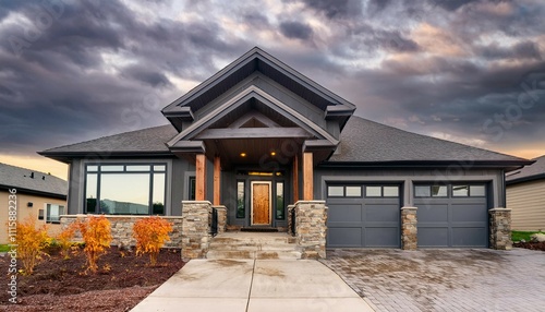 the bold modernity of a new home s exterior with gray siding stone columns and twin garages under the stark contrast of a stormy sky photo