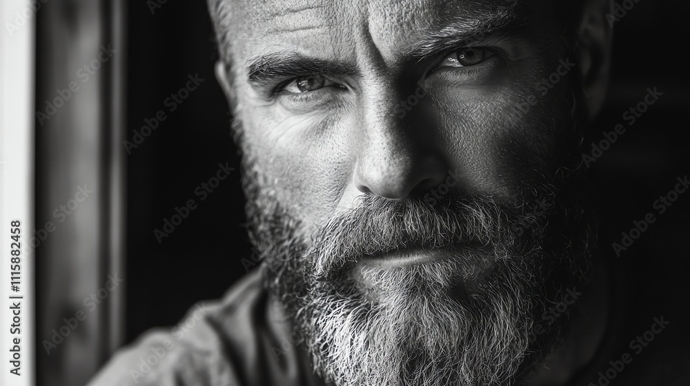 Obraz premium A black and white close-up of a man's face, with deep wrinkles and a thoughtful expression.