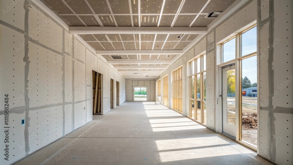 Obraz premium An airy hallway with recently installed drywall where the screw patterns draw subtle lines across the surface awaiting a splash of color to transform the space.