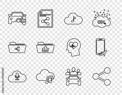 Set line Music streaming service, Share, Car sharing, Folder upload, and Flight mode the mobile icon. Vector