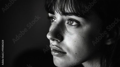 A black and white close-up of a woman's face, with deep wrinkles and a thoughtful expression.