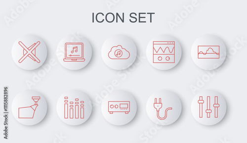 Set line Music equalizer, Movie spotlight, streaming service, Electric plug, Speaker mute, Laptop with music note, and Guitar amplifier icon. Vector