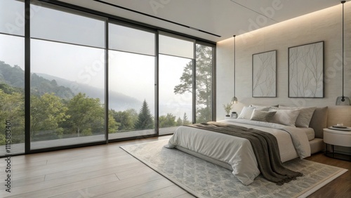 A minimalist bedroom with a striking floortoceiling window adorned with a simple blanket and decorative pillows the protective film adding a layer of privacy.