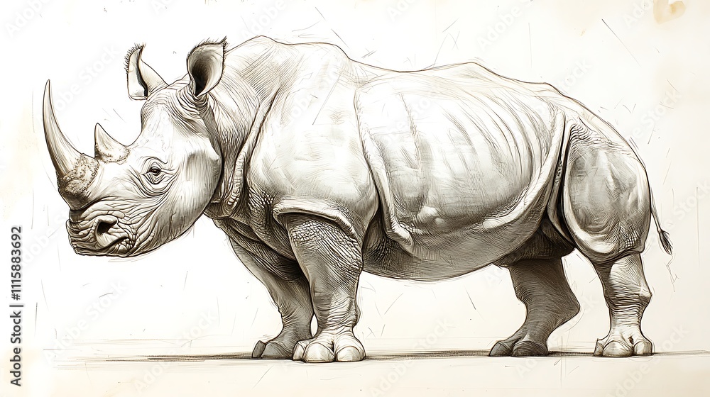 Fototapeta premium Dynamic rhinoceros pencil sketch wallpaper perfect for timeless and modern home designs