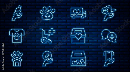 Set line Clothes donation, Dialogue with doctor, Humanitarian truck, Wheelchair for disabled person, Animal volunteer, Donation water, and charity and Veterinary clinic icon. Vector