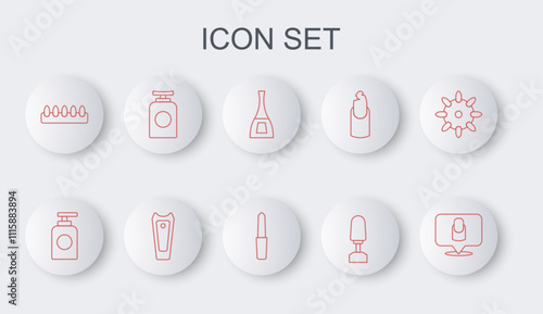 Set line Manicure, Tube of hand cream, Bottle nail polish, Milling cutter for manicure, False nails, Nail and file icon. Vector