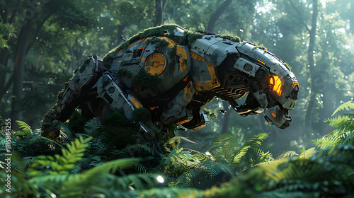 Robotic Wildlife in a Cyber Forest Environment: A Futuristic Creature Blending Technology and Nature with Lush Greenery and Soft Light Effects
