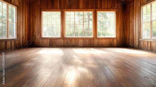 A sun-drenched wooden room with expansive windows that allow sunlight to flow freely, illuminating the rich wooden floors and creating a welcoming, natural atmosphere. photo