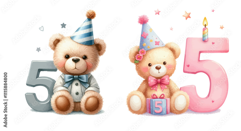 Obraz premium A cute first Birthday teddy bear wearing a party hat with number 5. Adorable innocence animal watercolor illustration for boy and girl.