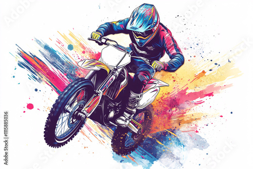 a motocross rider mid-air performing a jump surrounded by dynamic and colorful paint effects  
 photo