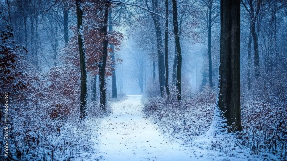 Obraz premium Enchanted Winter Forest Path: A Serene Snowscape
